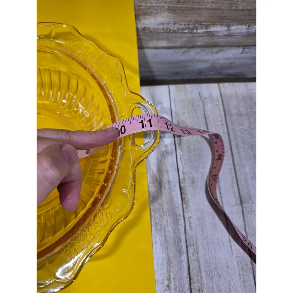 Vintage‎ Amber Depression Glass Floral Etched Ribbed Serving Bowl with Handles